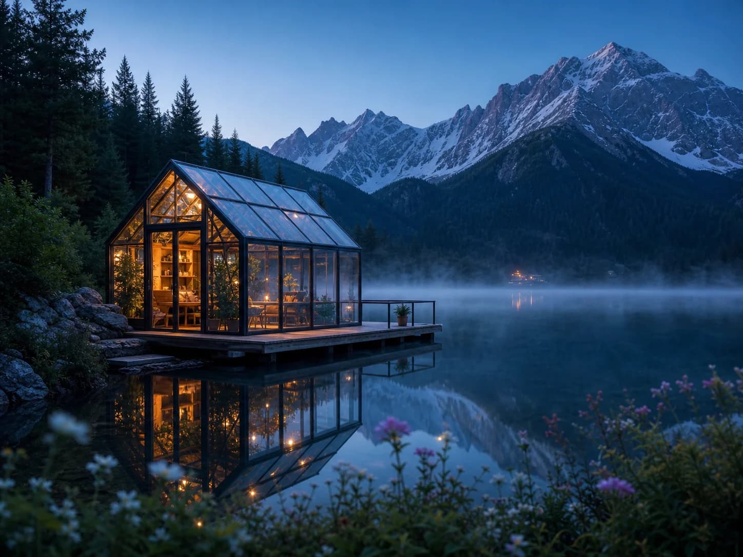 AI-generated glasshouse beside an alpine lake at blue hour