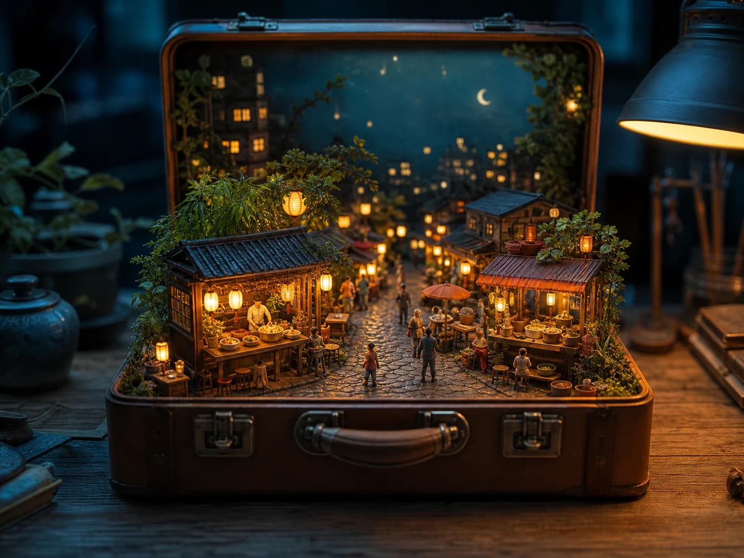 AI-generated miniature night market inside a vintage suitcase