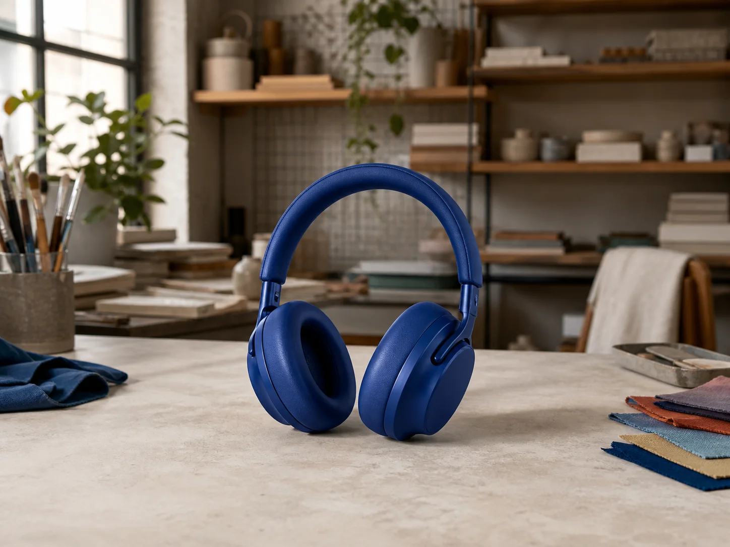 Blue headphones photographed on a busy creative studio workbench