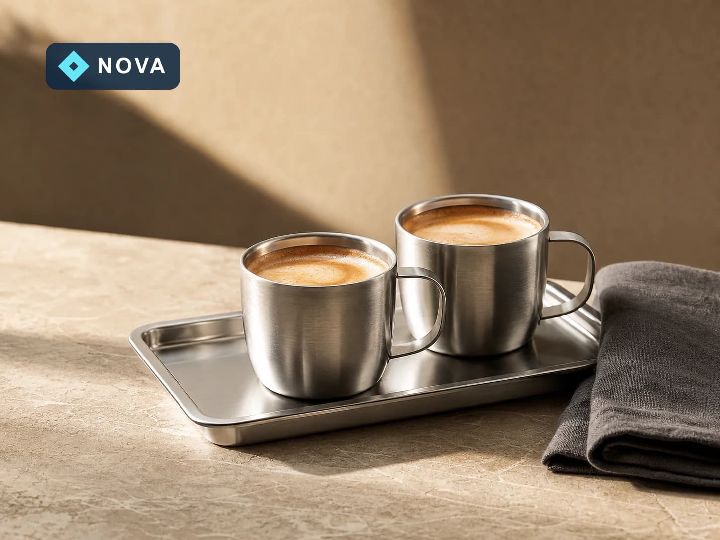 Coffee product photo with a fictional Nova logo in the upper-left corner