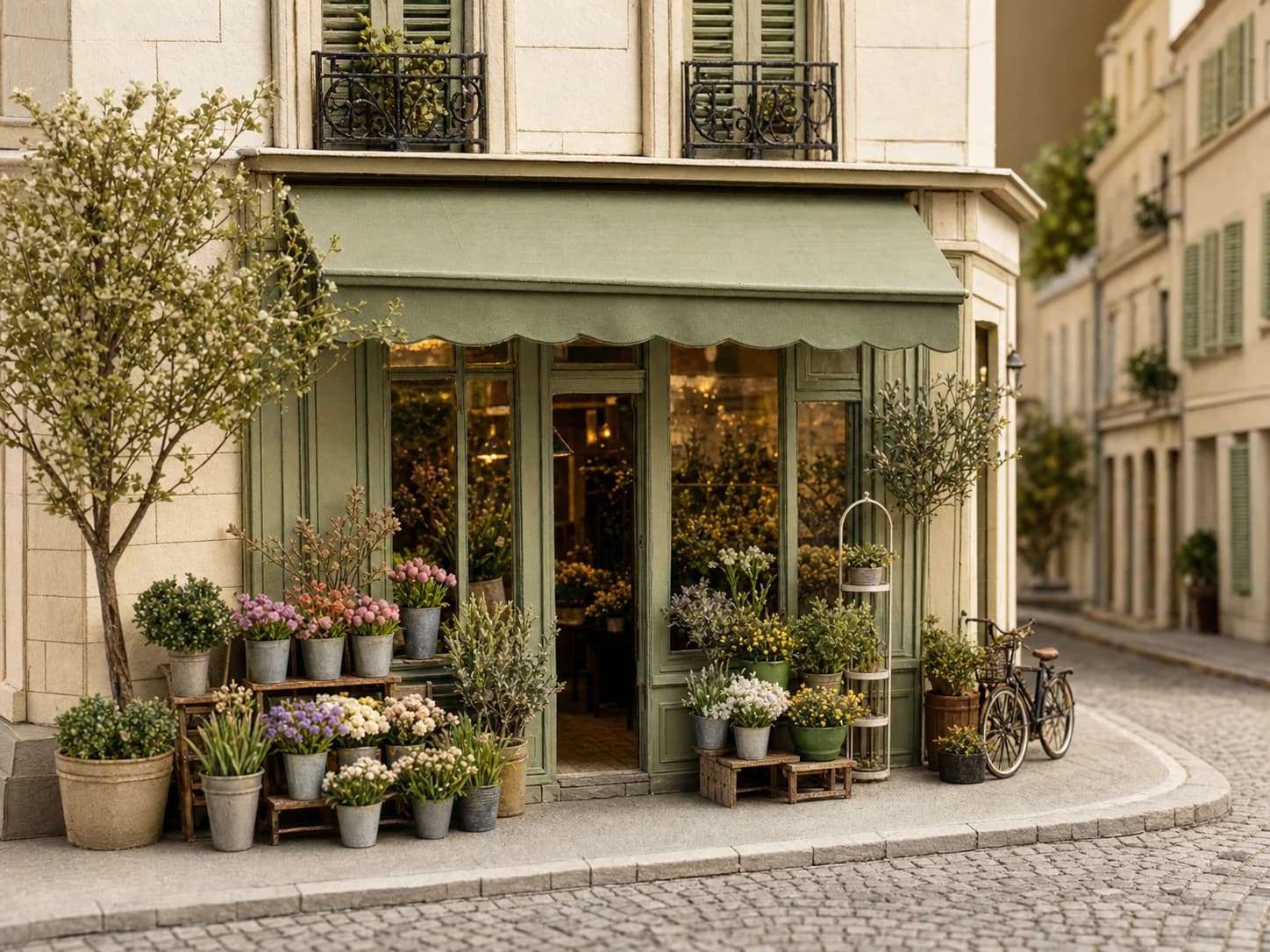 Flower shop transformed into a handcrafted architectural miniature effect
