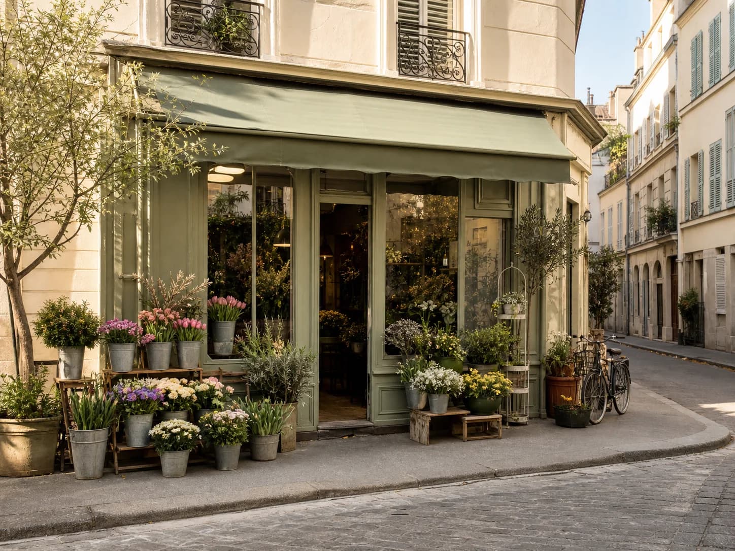 Photograph of a flower shop on a quiet European-style street