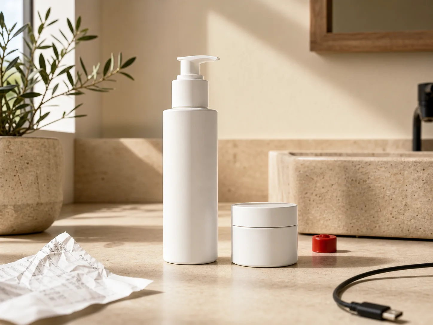 Unedited skincare product photo with a receipt, cable, and red cap on the counter