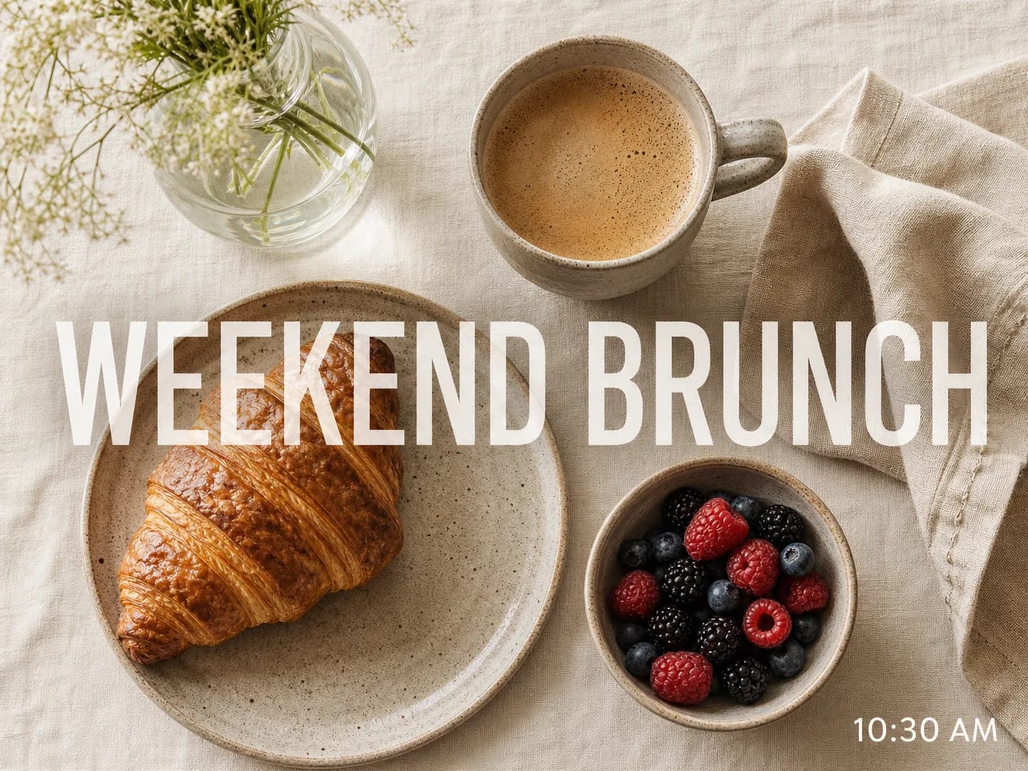 Brunch photograph with Weekend Brunch headline and time text over the image