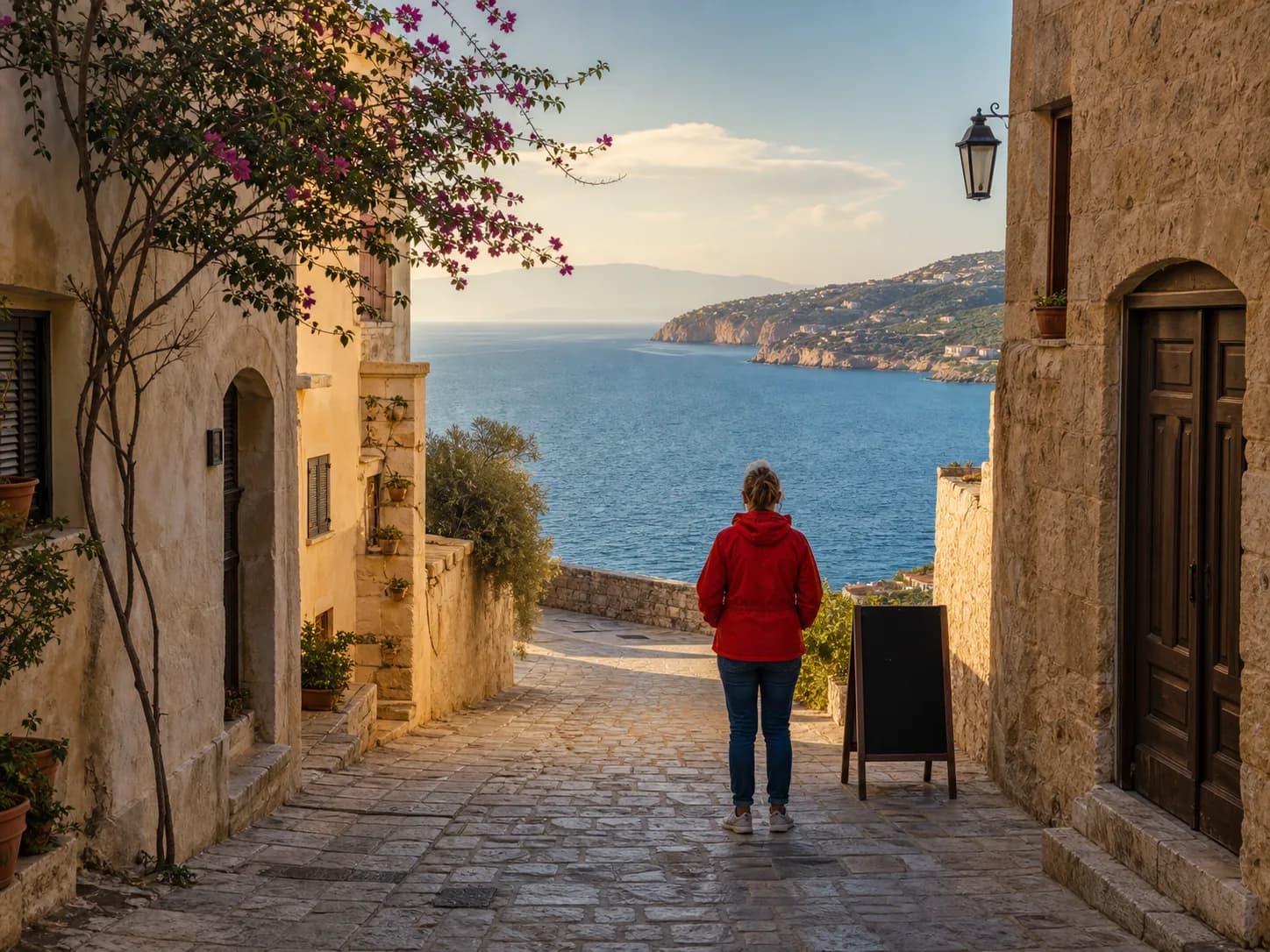 Mediterranean lane with a tourist and black sign blocking the sea view