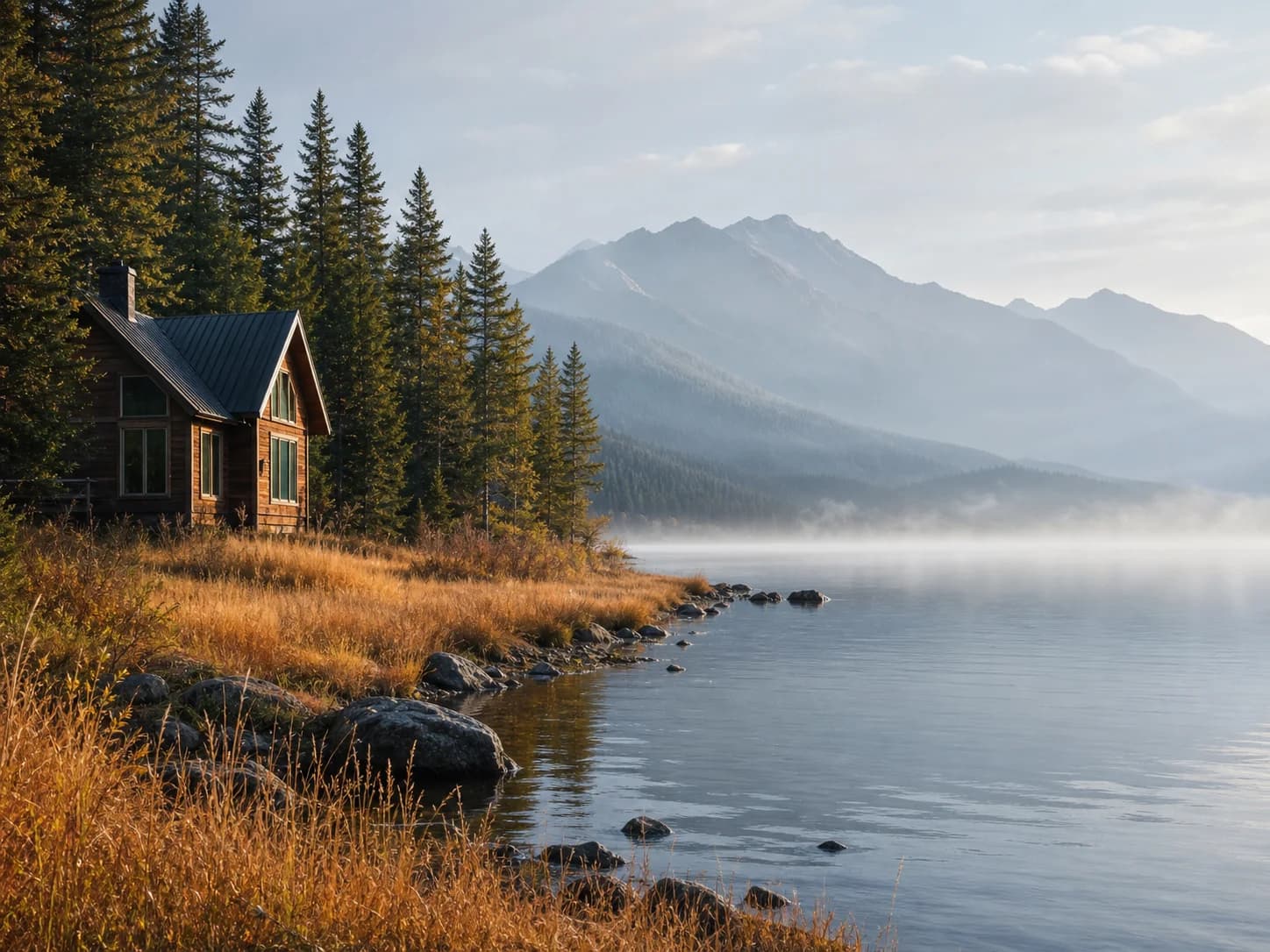 Clean autumn lakeside cabin photo without the generic overlay
