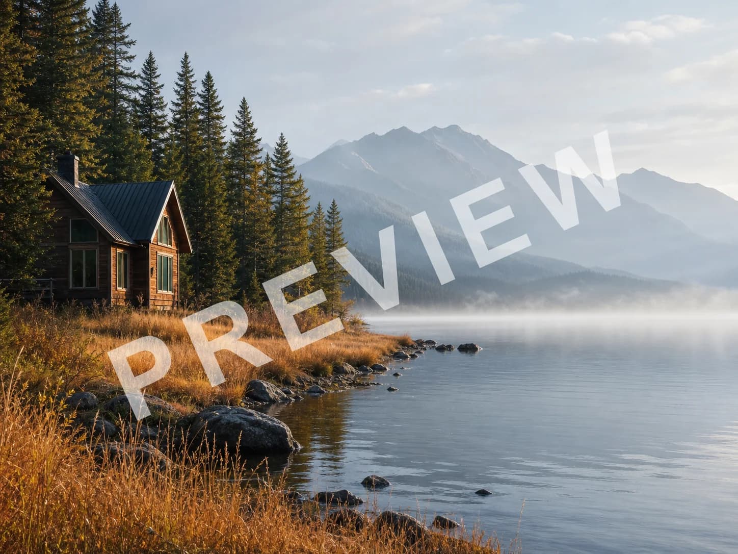 Autumn lakeside cabin photo with a large generic Preview watermark