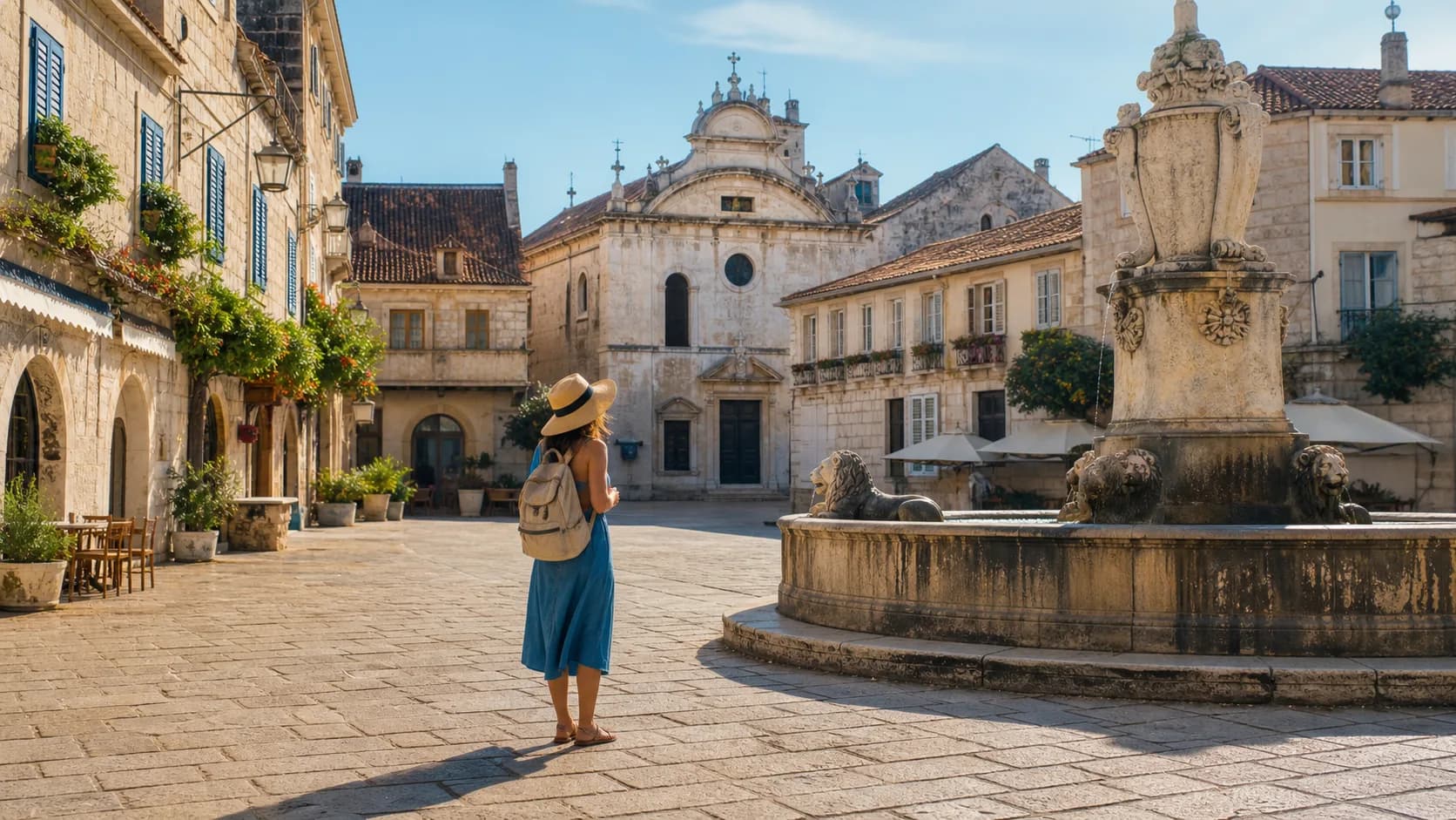 A traveler standing in a quiet historic European plaza near a fountain