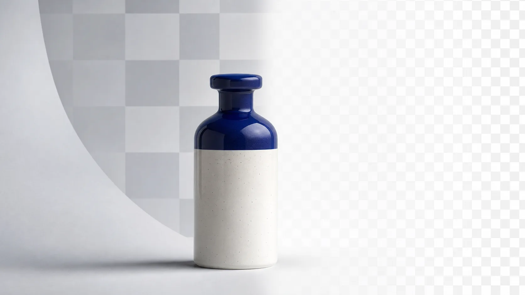 An unbranded cobalt ceramic bottle transitioning into a transparent checkerboard presentation
