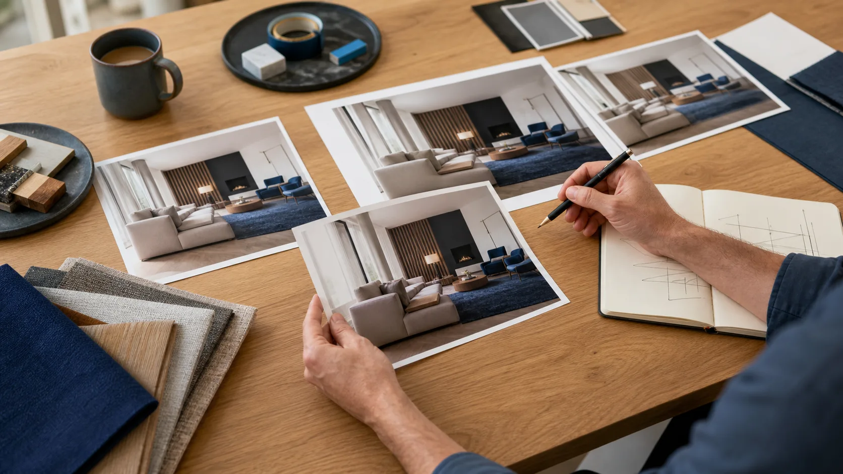 A creative director arranging coordinated interior photo variations on a studio desk