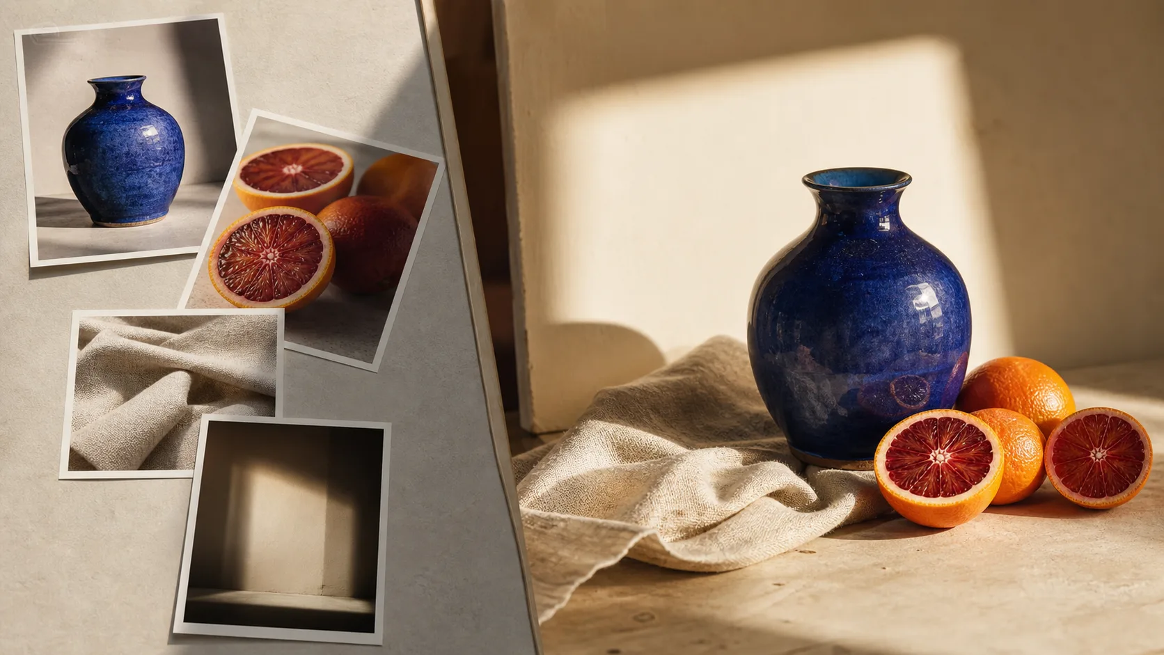 Separate vase, citrus, fabric, and lighting references becoming one coherent still life