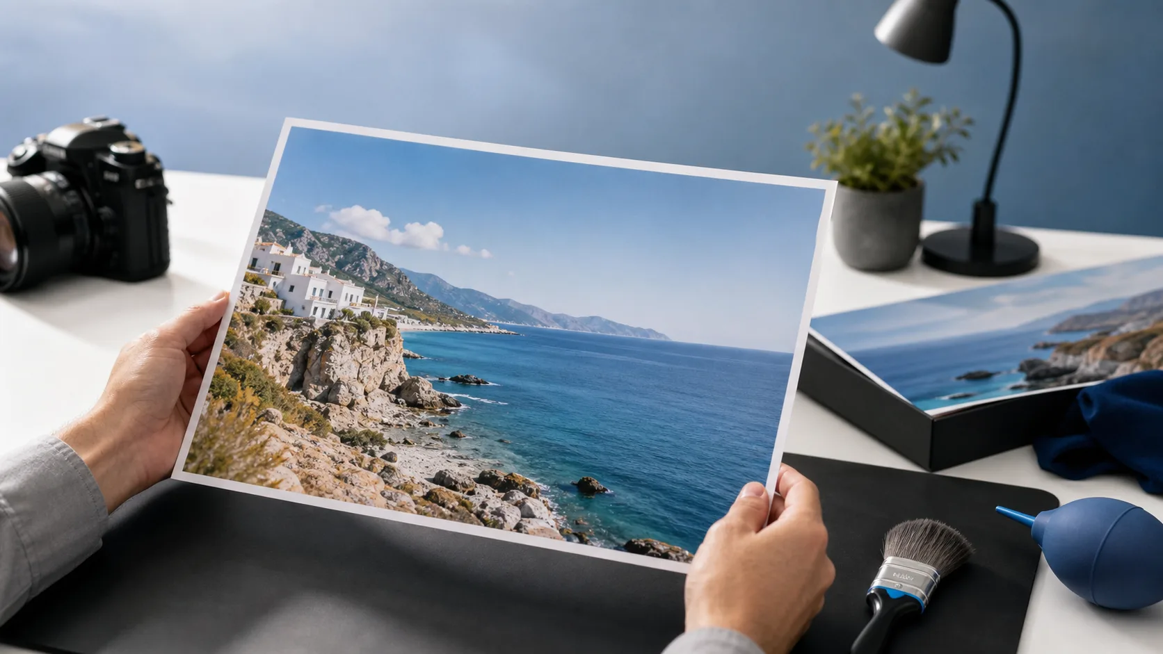 A photographer inspecting a clean coastal image print in a professional studio