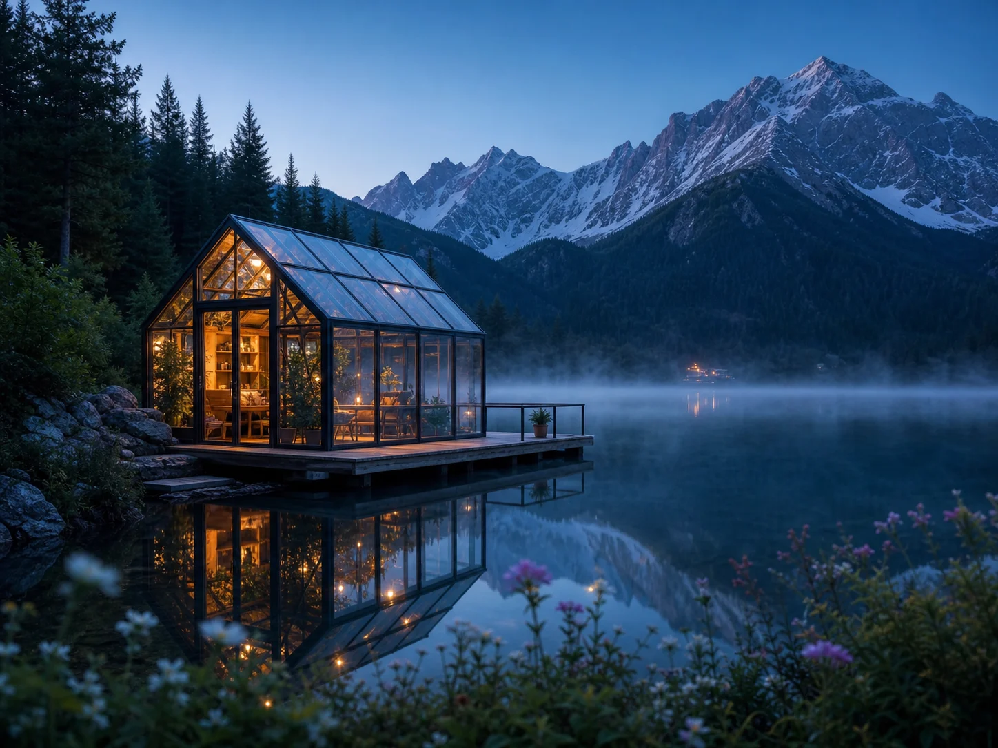 AI-generated glasshouse beside an alpine lake at blue hour