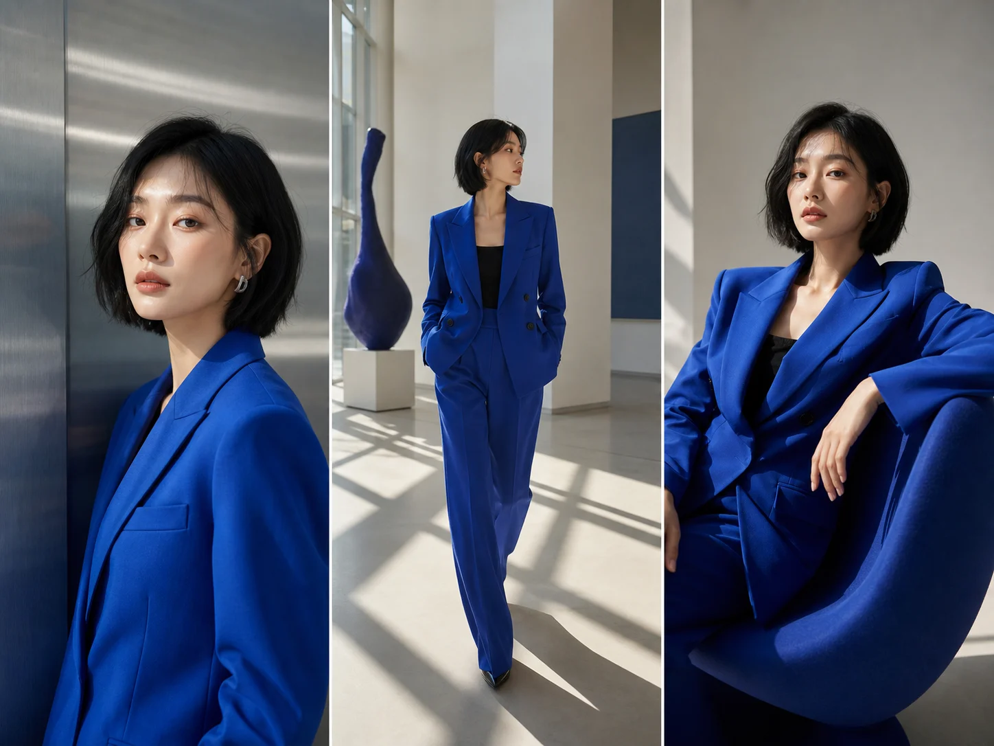 Three consistent AI fashion portraits of the same fictional model