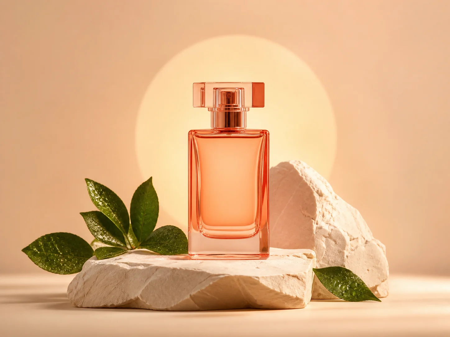AI-generated coral perfume bottle in a warm studio scene