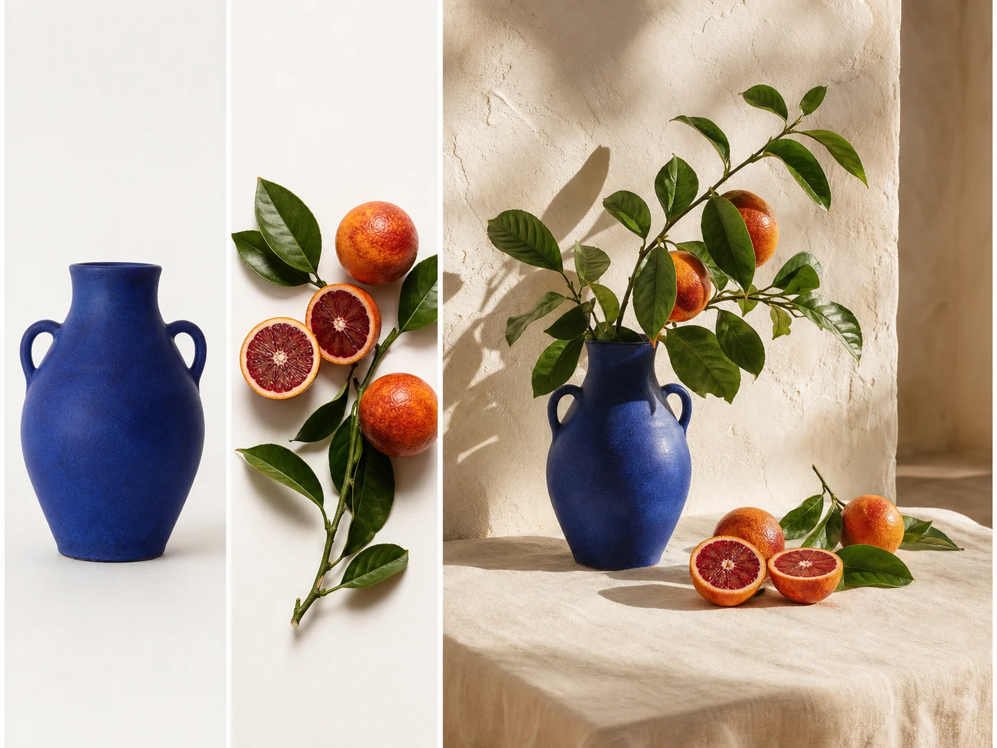 Multi-reference AI fusion of a cobalt vase and blood oranges