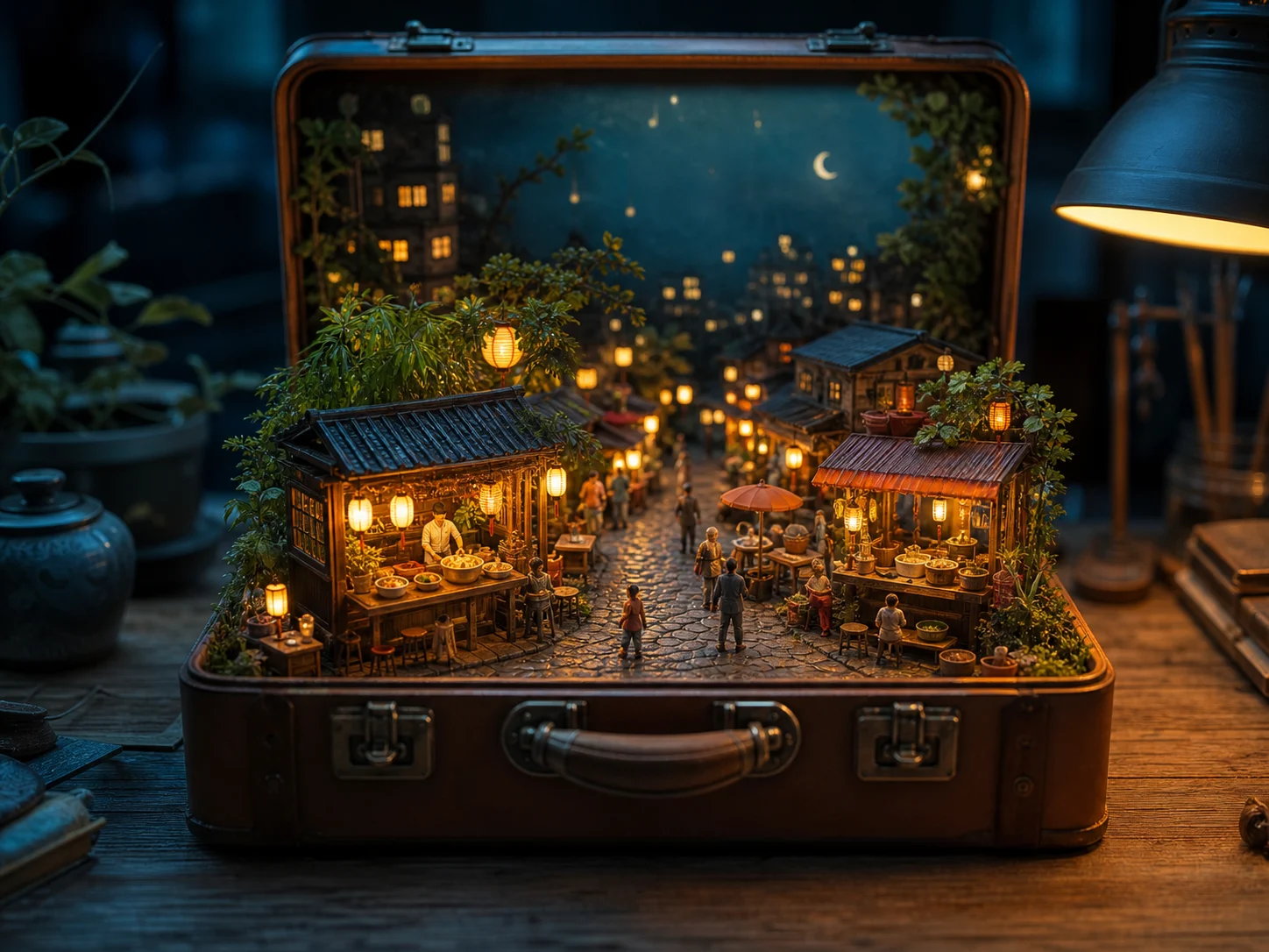 AI-generated miniature night market inside a vintage suitcase