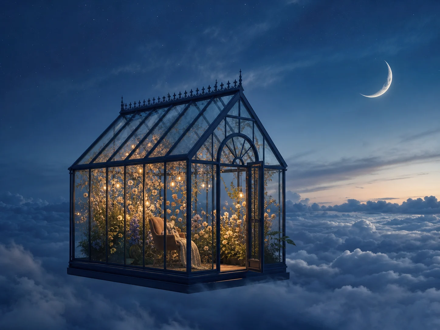 AI-generated glass greenhouse floating above clouds at blue hour